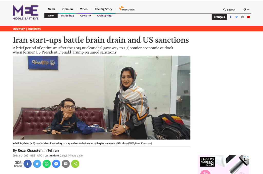 Reza Ghiabi's Comments on Middle East Eye: "Iran start-ups battle brain drain and US sanctions"